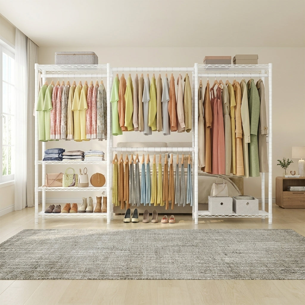 Extendable Heavy-Duty Clothes Rack, Portable Garment Rack with Adjustable Mesh Shelves & Hanging Rails, Hooks, White
