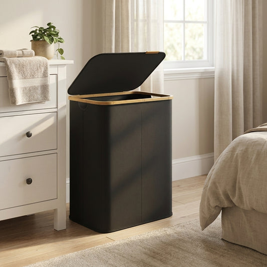 Laundry Hamper with Lid, Foldable Bamboo Frame Basket, 37 Gal 2-Compartment Organizer, Oxford Fabric, for Bedroom Living Room, Ink Black