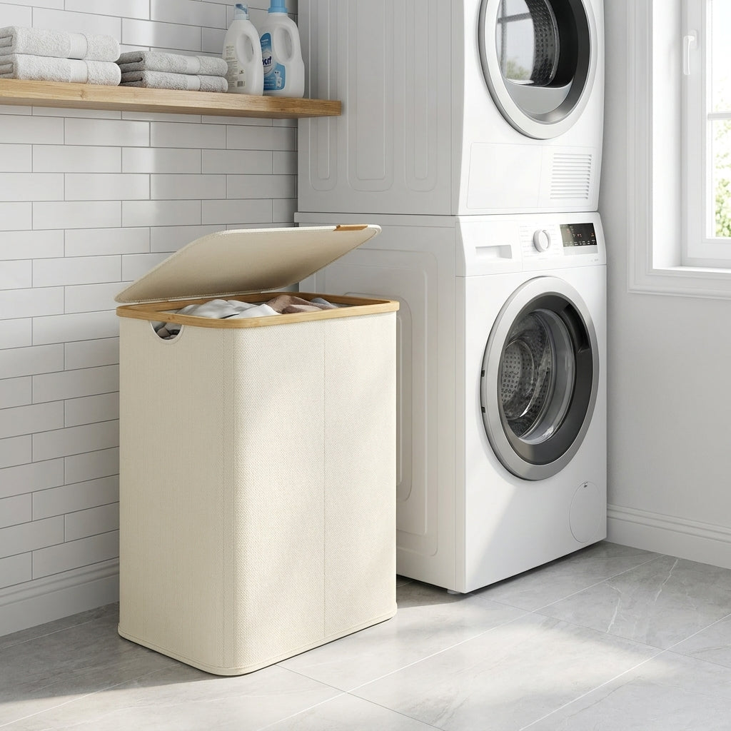 Laundry Hamper with Lid, Foldable Bamboo Frame Basket, 37 Gal 2-Compartment Organizer, Oxford Fabric, for Bedroom Living Room, Cream White