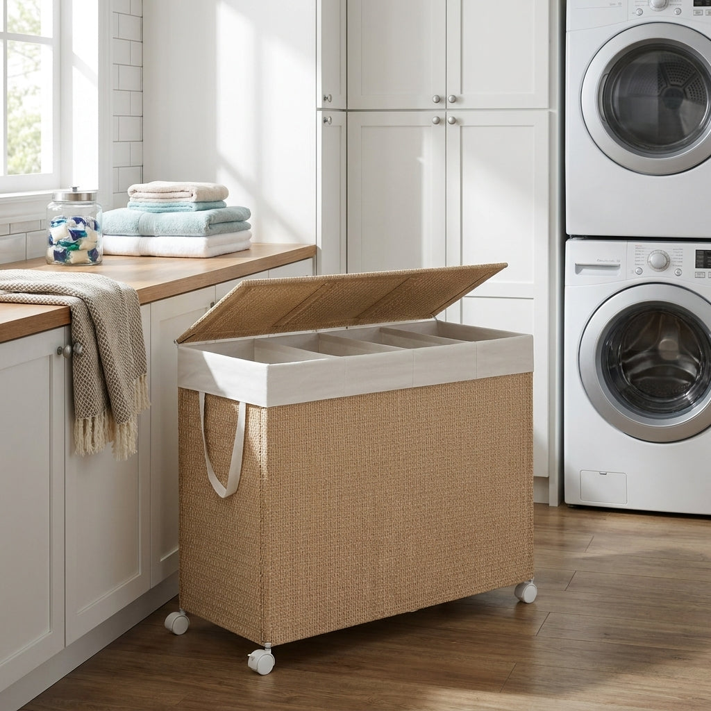 4-Section Rolling Laundry Hamper with Lid, 47.6 Gal Rattan-Style Basket on Wheels, Removable Washable Liner, Natural Beige and Matte White