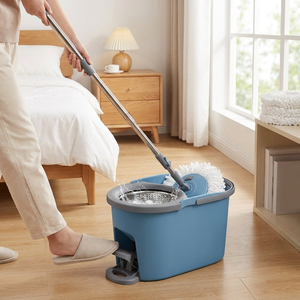 Spin Mop Bucket Set with Pedal Wringer, 360° Mop Head & Telescopic Handle, 4 Microfiber Pads, for Hard Floors, Blue and Gray