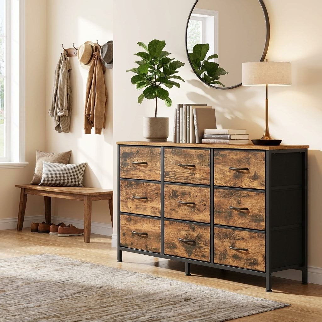 9-Drawer Dresser, TV Stand, Modern basic Chest of Drawers, 44.8 x 11.8 x 26.8 Inches, Tan
