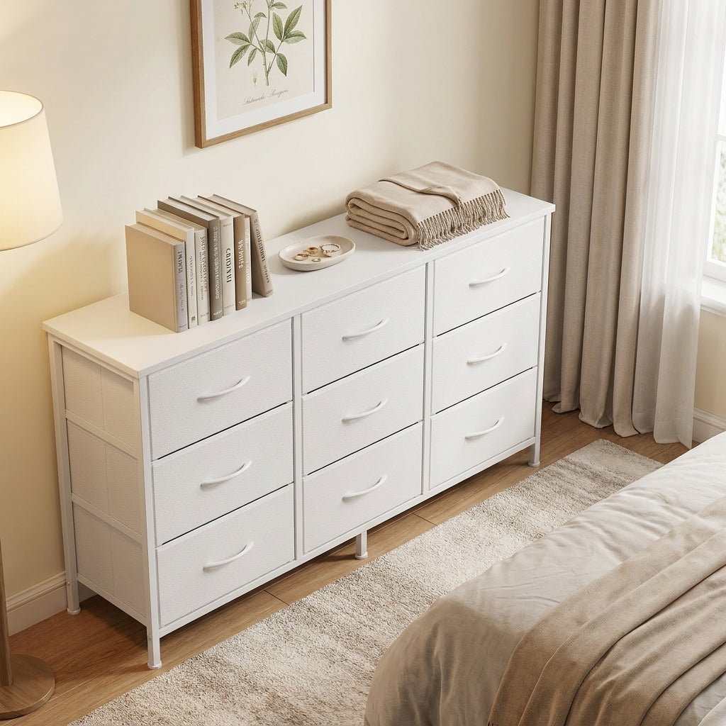 9-Drawer Dresser, TV Stand, Modern basic Chest of Drawers, 44.8 x 11.8 x 26.8 Inches, White