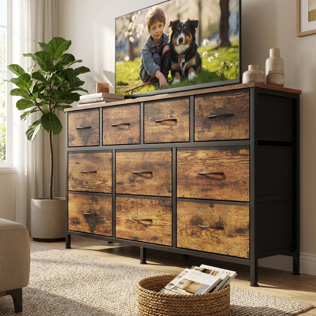 10-Drawer Dresser, TV Stand for 55" Screens, Storage Chest with Steel Frame, for Bedroom Living Room, Rustic Brown