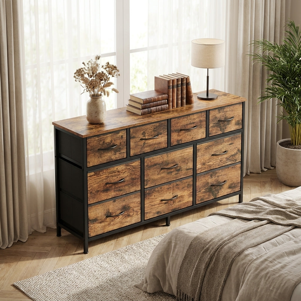 10-Drawer Dresser, TV Stand for 55" Screens, Storage Chest with Steel Frame, for Bedroom Living Room, Rustic Brown