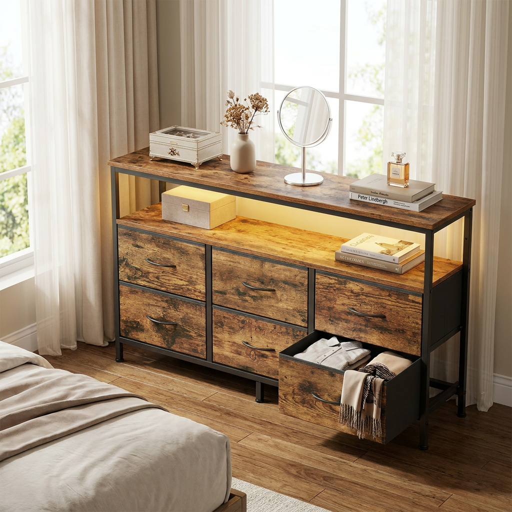 6-Drawer Dresser with LED Lights & Charging, TV Stand for 55" Screens, Storage Chest for Bedroom, Rustic Brown