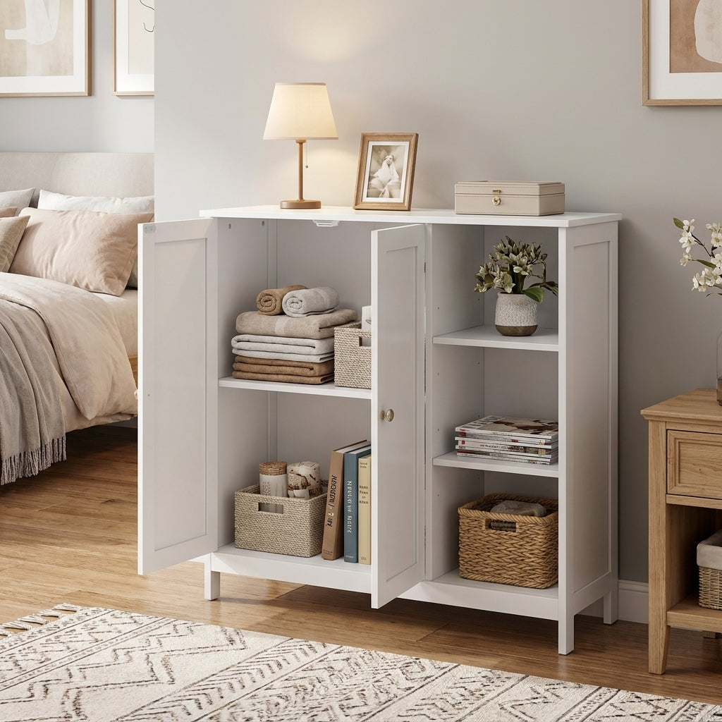 LEDREM Freestanding Bathroom Cabinet with 2 Doors and Open Shelves, 35.4 x 11.8 x 31.5 inches, White