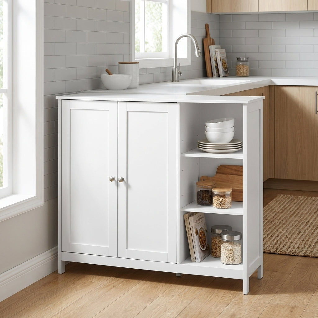 LEDREM Freestanding Bathroom Cabinet with 2 Doors and Open Shelves, 35.4 x 11.8 x 31.5 inches, White