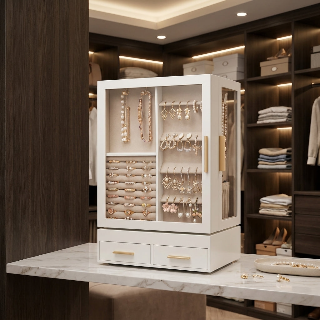 LEDREM 5-Tier Rotating Jewelry Box, 360° Display Organizer with Clear Glass Door, Ring Rolls & 7 Drawers for Vanity, Tabletop, Cream White