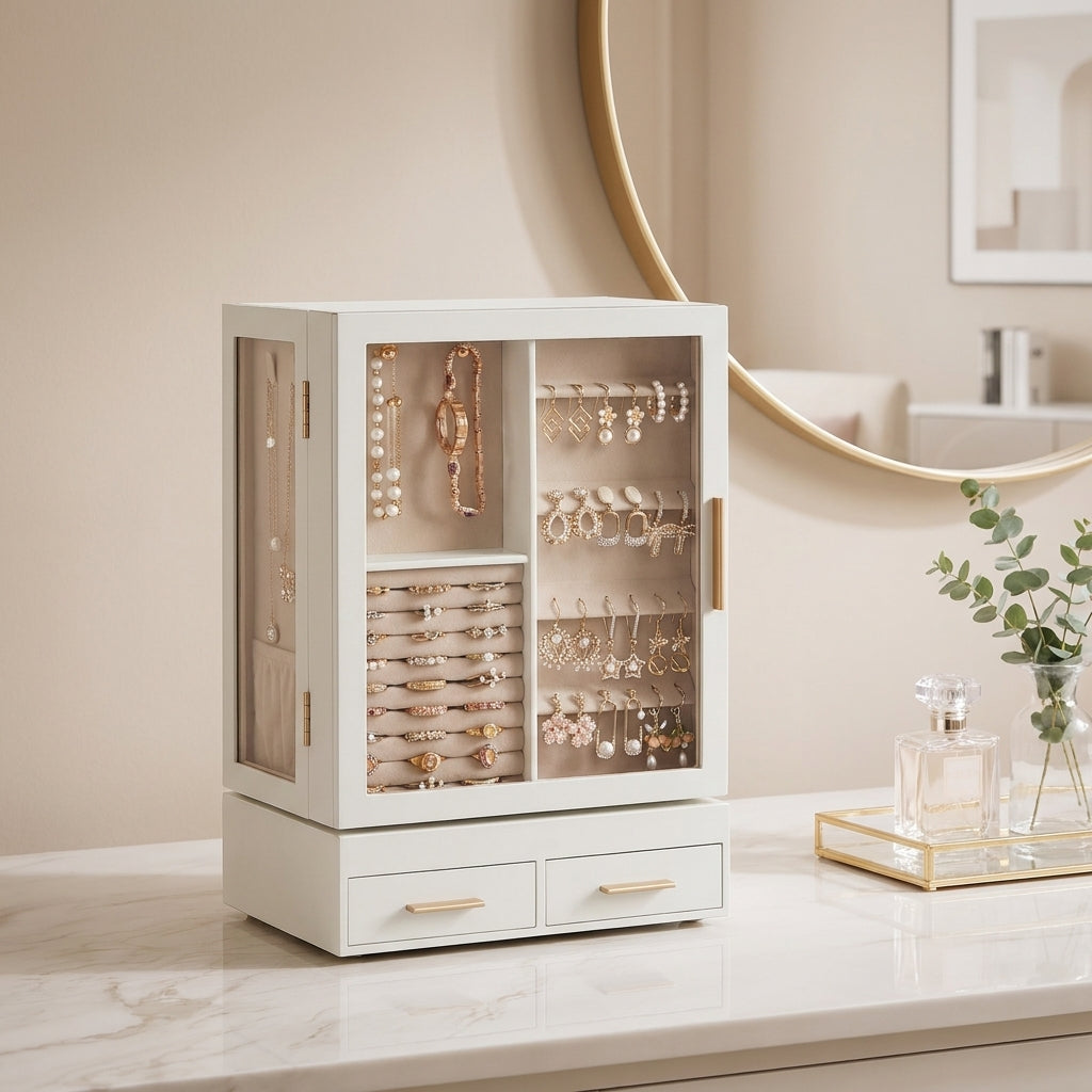 LEDREM 5-Tier Rotating Jewelry Box, 360° Display Organizer with Clear Glass Door, Ring Rolls & 7 Drawers for Vanity, Tabletop, Cream White