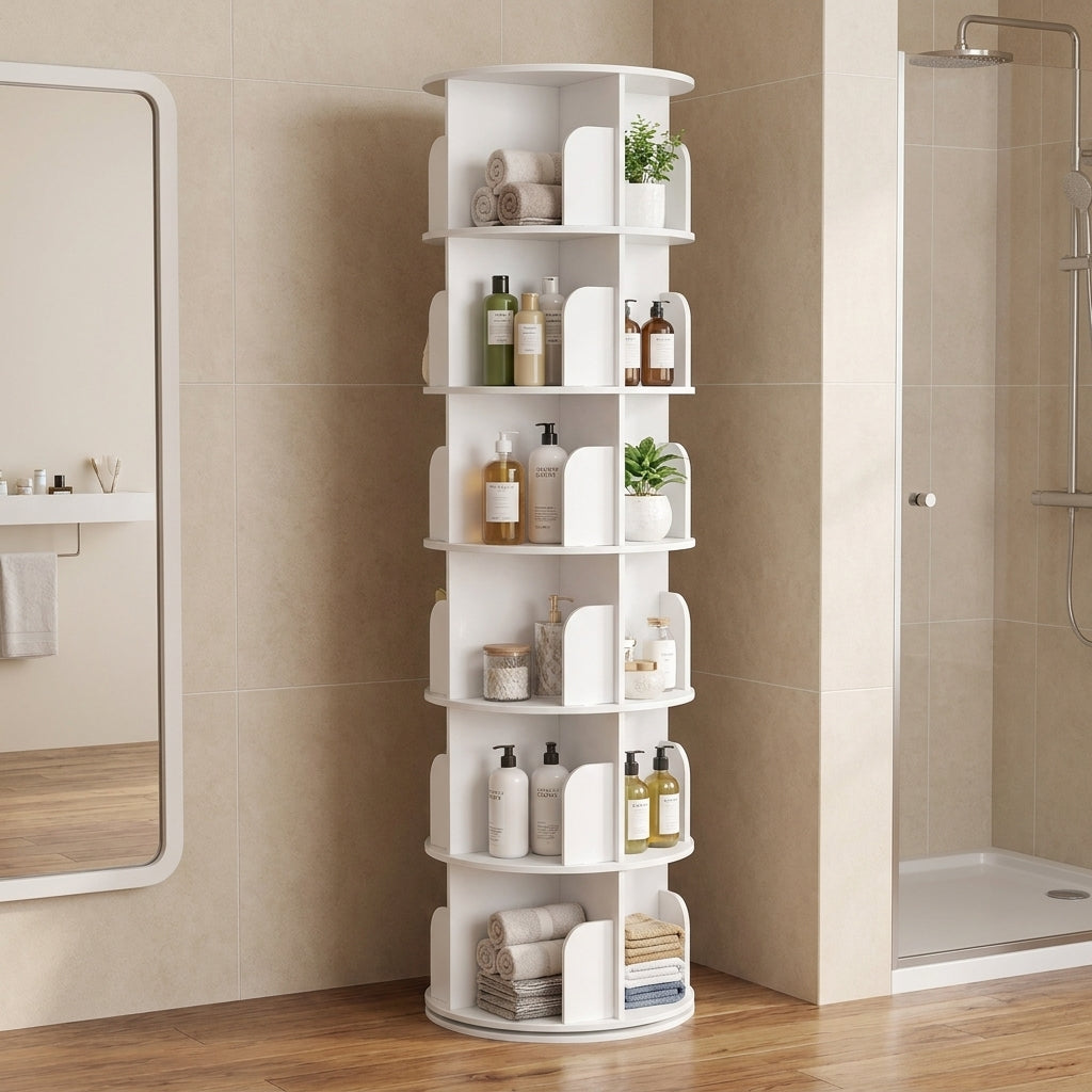 LEDREM 6-Tier Rotating Bookshelf, 360° Spinning Display Bookcase with Open Compartments & Bookends, Space-Saving Floor Standing Storage Rack for Living Room, Bedroom, Study, White