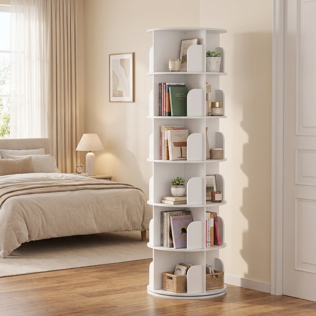 LEDREM 6-Tier Rotating Bookshelf, 360° Spinning Display Bookcase with Open Compartments & Bookends, Space-Saving Floor Standing Storage Rack for Living Room, Bedroom, Study, White