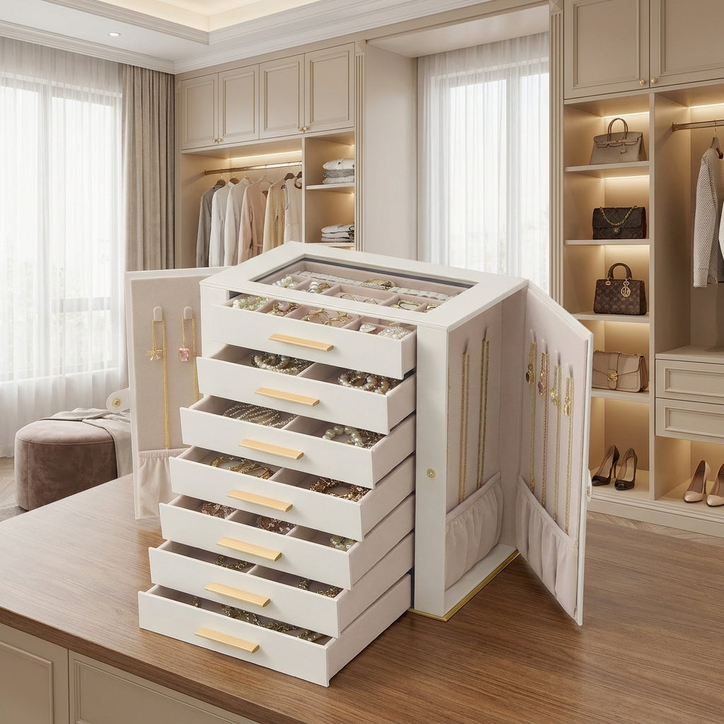 LEDREM Jewelry Box, 7-Tier Necklace Holder Organizer with Glass Top, 10.3 x 6.1 x 12 inches, White and Beige