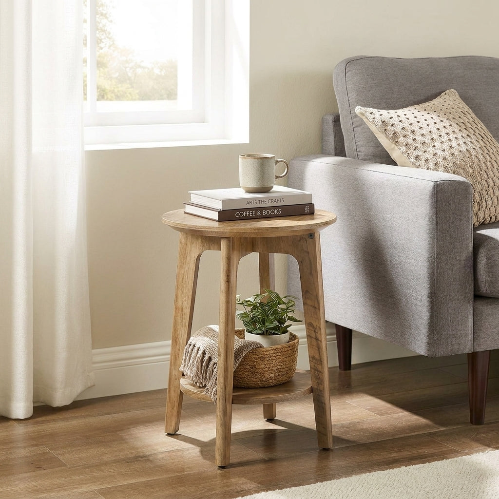 LEDREM End Table with Bottom Shelf, Modern, Side Table, for Small Spaces, Living Room, Brown