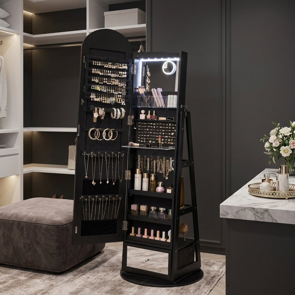 LEDREM Jewelry Cabinet with 360° Swivel Full-Length Arched Mirror and LED Lights, 22 x 22 x 63.7 Inches, Black