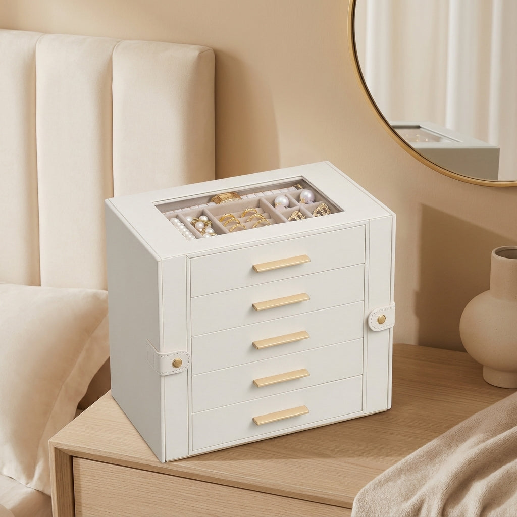 LEDREM Jewelry Box, 5-Tier Organizer with Glass Top and Necklace Storage, 10.3 x 6.1 x 8.7 Inches, Cream White and Tan