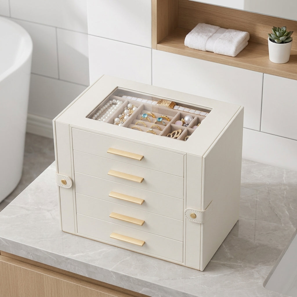 LEDREM Jewelry Box, 5-Tier Organizer with Glass Top and Necklace Storage, 10.3 x 6.1 x 8.7 Inches, Cream White and Tan