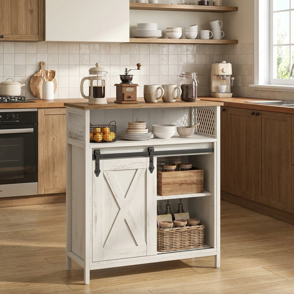 LEDREM Buffet Cabinet, Sideboard with Open Compartment, Sliding Barn Door, 11.8"D x 27.6"W x 31.5"H, White