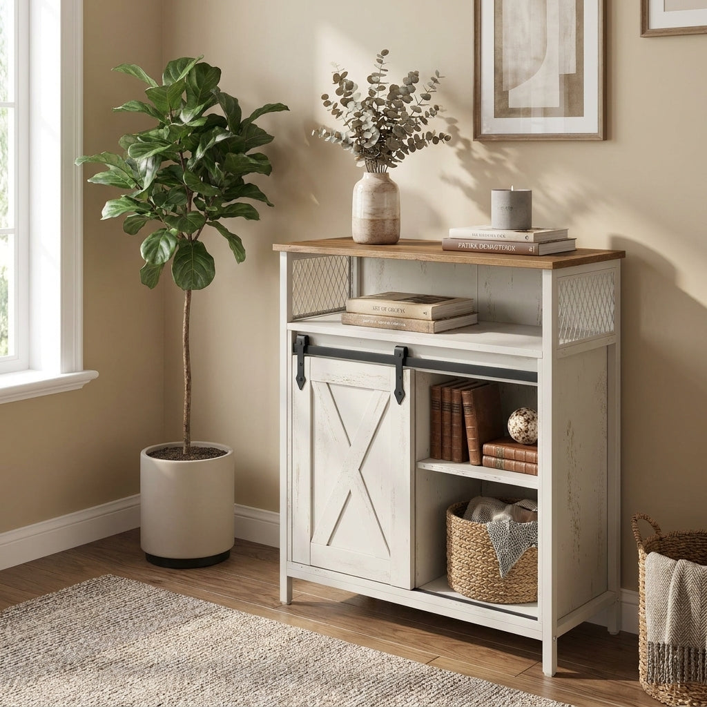LEDREM Buffet Cabinet, Sideboard with Open Compartment, Sliding Barn Door, 11.8"D x 27.6"W x 31.5"H, White