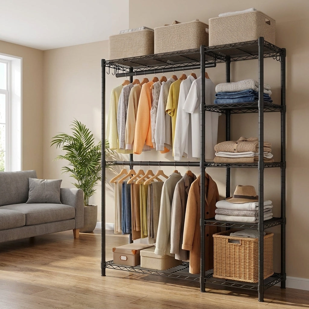 LEDREM Garment Rack, Clothes Rack, Portable Closet Rack, 35.4-InchWide Clothing Rack, with Adjustable Mesh Shelves and Hanging Rails, Dustproof Cover, Black