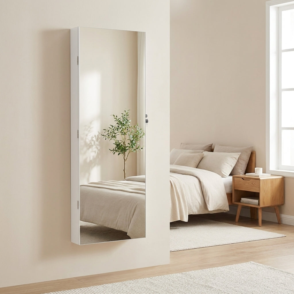 LEDREM Jewelry Cabinet with Full Length Mirror, 6 LEDs, Wall/Door Mounted, 12.4 x 3.6 x 42.5 Inches, Ink Black and White