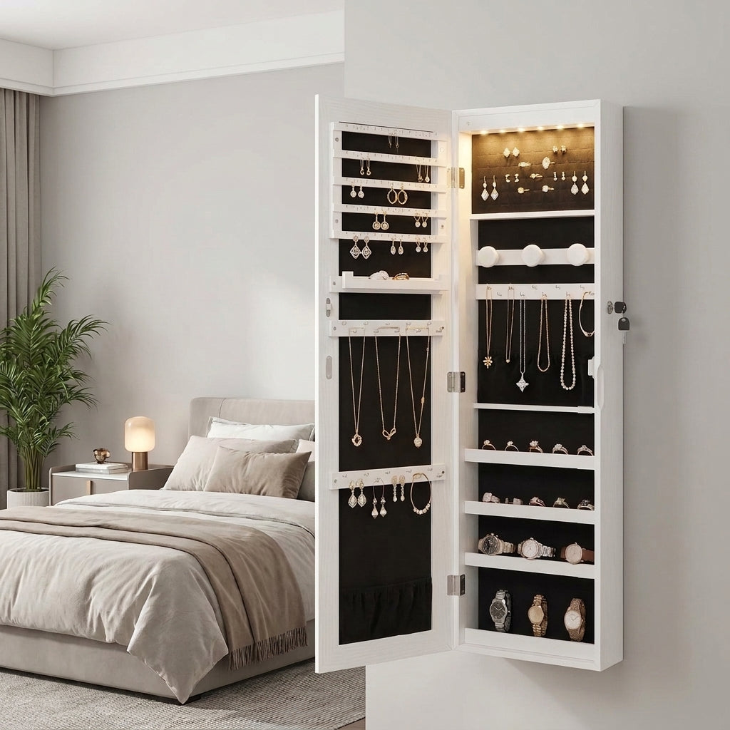 LEDREM Jewelry Cabinet with Full Length Mirror, 6 LEDs, Wall/Door Mounted, 12.4 x 3.6 x 42.5 Inches, Ink Black and White