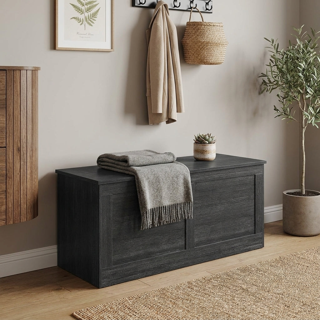 LEDREM Storage Trunk, Storage Chest with 2 Safety Hinges, Shoe Storage Bench, Traditional basic Style, for Entryway, Bedroom, Black