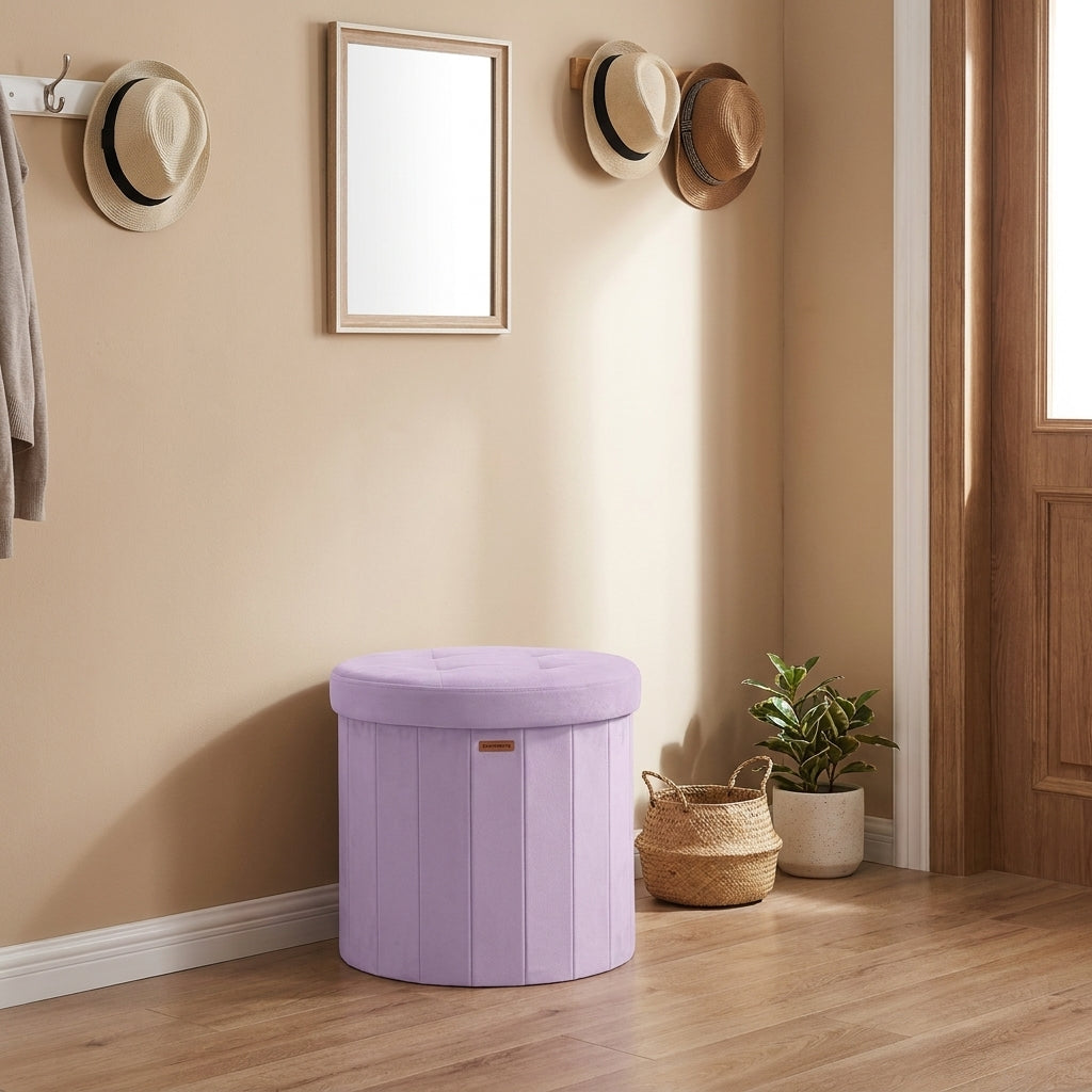 LEDREM Storage Ottoman, Velvet Vanity Chair with Storage, Folding Foot Rest, 18.5 x 18.5 x 17.7 Inches, Purple