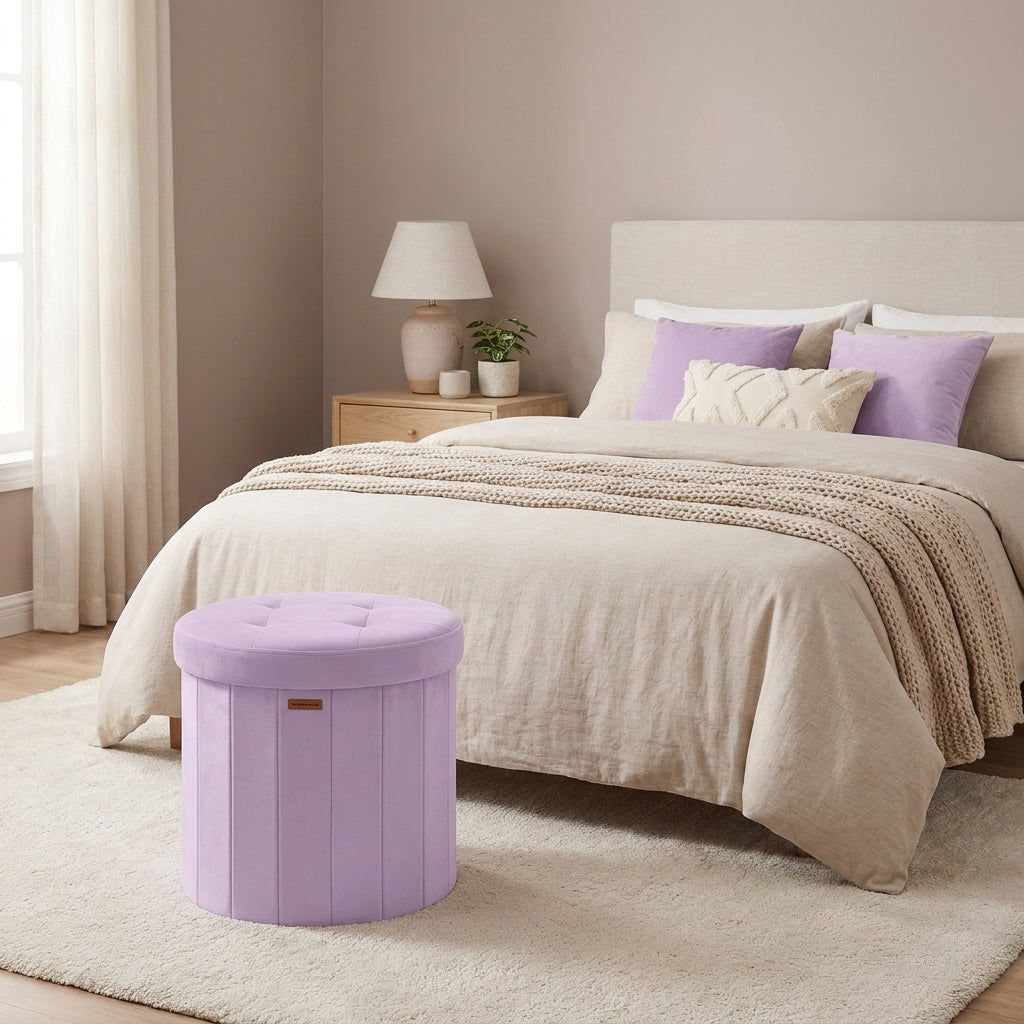 LEDREM Storage Ottoman, Velvet Vanity Chair with Storage, Folding Foot Rest, 18.5 x 18.5 x 17.7 Inches, Purple