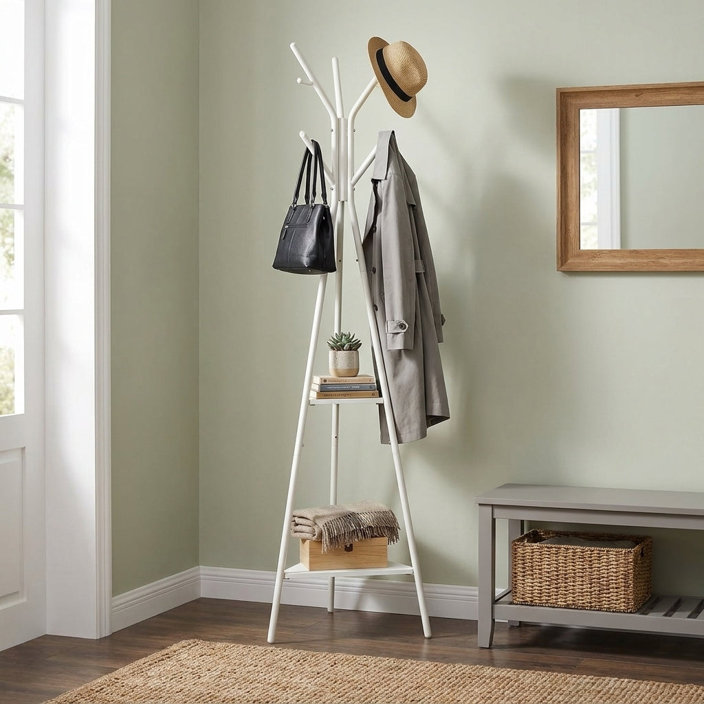 LEDREM Coat Rack, Coat Stand with 2 Shelves, Hall Tree Free Standing with Hooks, Steel, MDF Frame, for Entryway, Living Room, Beige and White