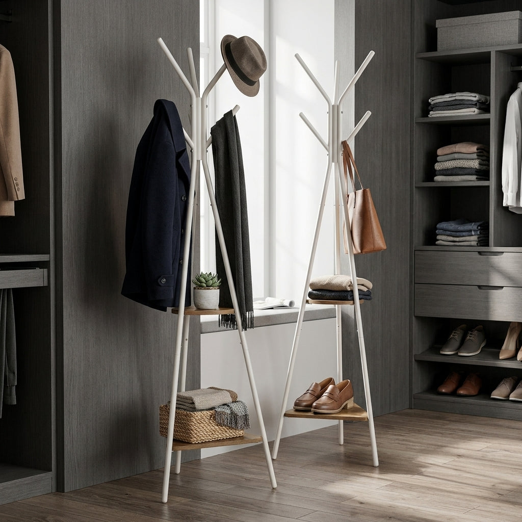 LEDREM Coat Rack, Coat Stand with 2 Shelves, Hall Tree Free Standing with Hooks, Steel, MDF Frame, for Entryway, Living Room, Beige and White