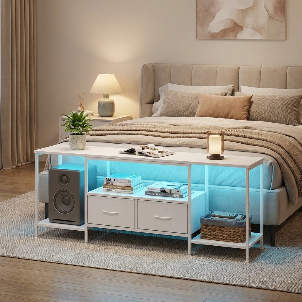 LEDREM TV Stand with LED Lights and Power Outlets, Entertainment Center with 2 Drawers, 61.8 x 13.8 x 23.6 Inches, White