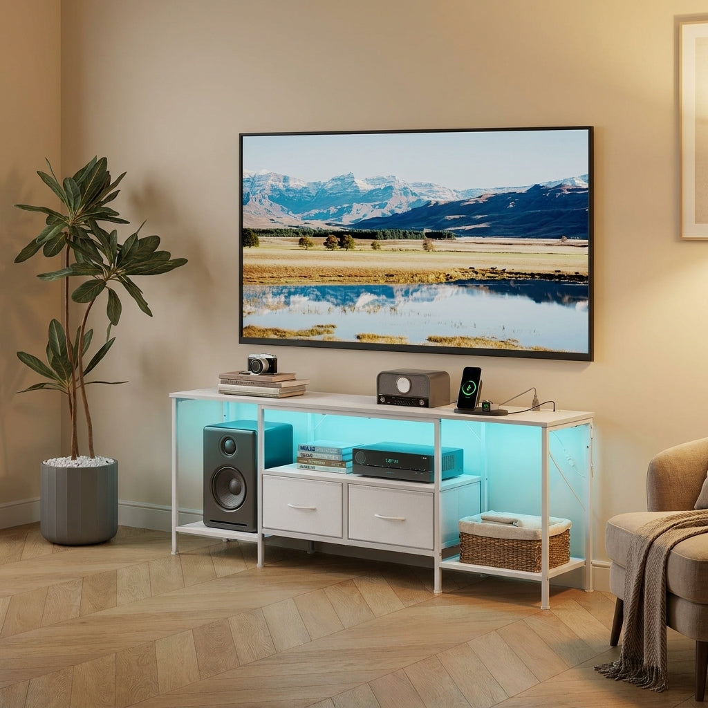 LEDREM TV Stand with LED Lights and Power Outlets, Entertainment Center with 2 Drawers, 61.8 x 13.8 x 23.6 Inches, White