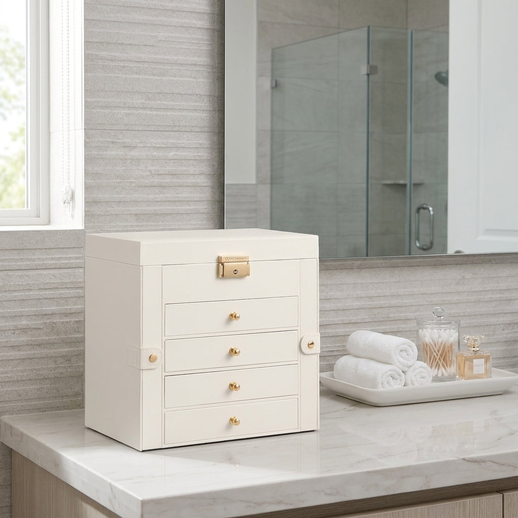 LEDREM Jewelry Box 5-Tier Necklace Holder Organizer with Side Doors 10.3 x 6.1 x 9.5 Inches White and Beige