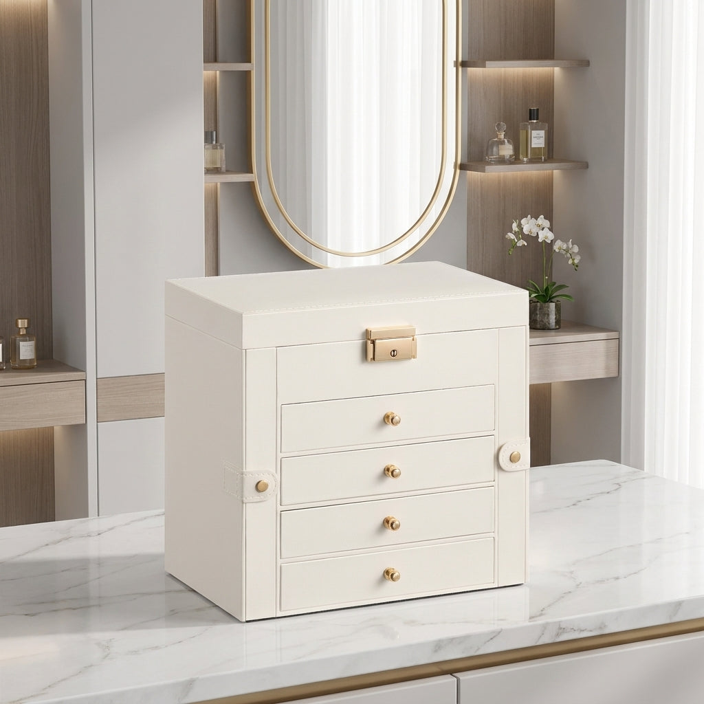 LEDREM Jewelry Box 5-Tier Necklace Holder Organizer with Side Doors 10.3 x 6.1 x 9.5 Inches White and Beige