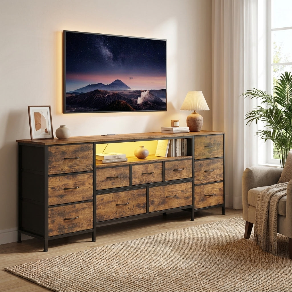 LEDREM TV Stand with LED Lights and Power Outlets, Media Console with 11 Fabric Drawers for TVs up to 70 Inches, Tan