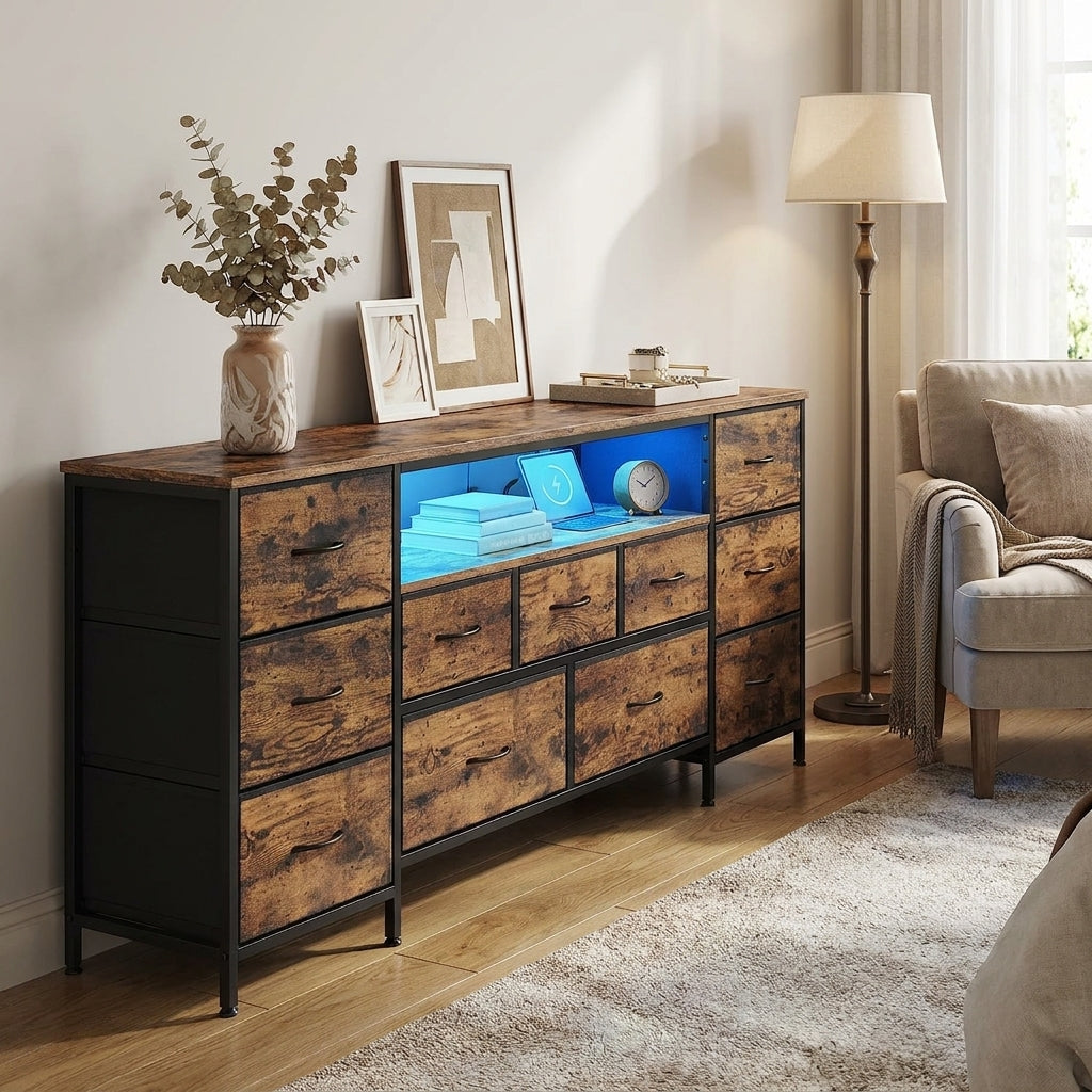 LEDREM TV Stand with LED Lights and Power Outlets, Media Console with 11 Fabric Drawers for TVs up to 70 Inches, Tan