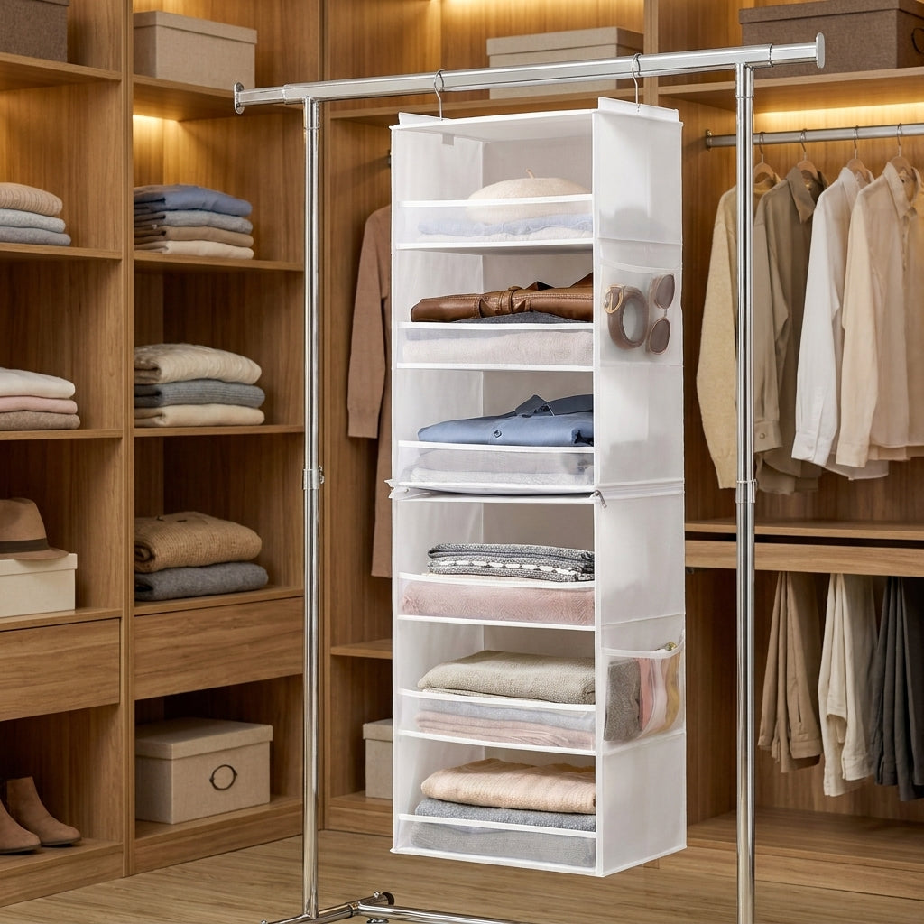 LEDREM Foldable Hanging Closet Organizer, 6-Tier Non-Woven Fabric Storage Shelf, Steel Hooks and Bamboo Inserts, White