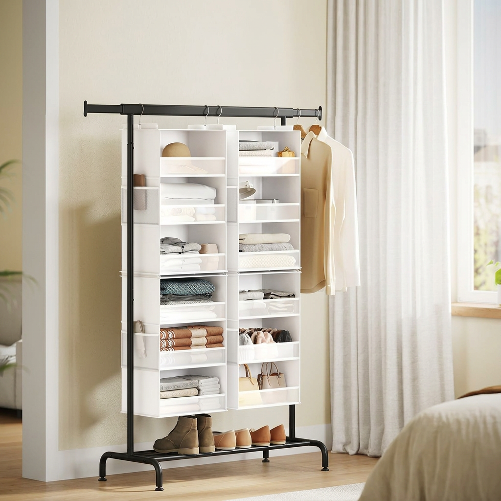 LEDREM Foldable Hanging Closet Organizer, 6-Tier Non-Woven Fabric Storage Shelf, Steel Hooks and Bamboo Inserts, White