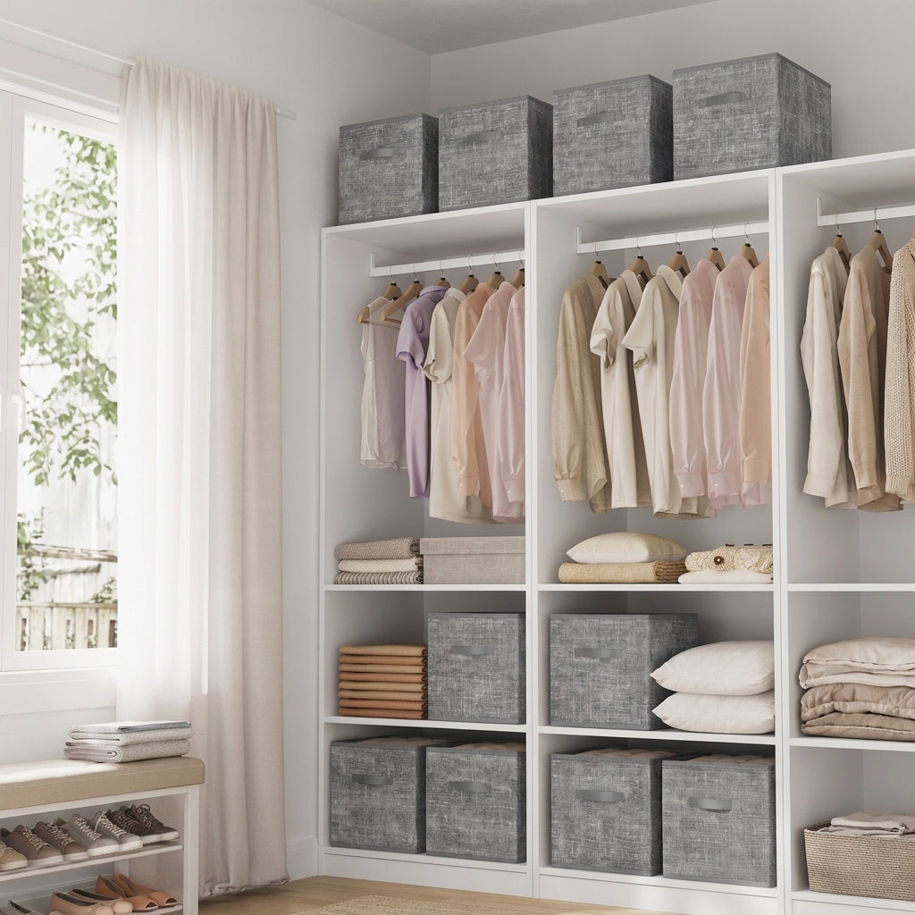 LEDREM Set of 10 Fabric Storage Bins, Collapsible Closet Shelf Organizer, 13 x 13 x 13 Inches, Gray