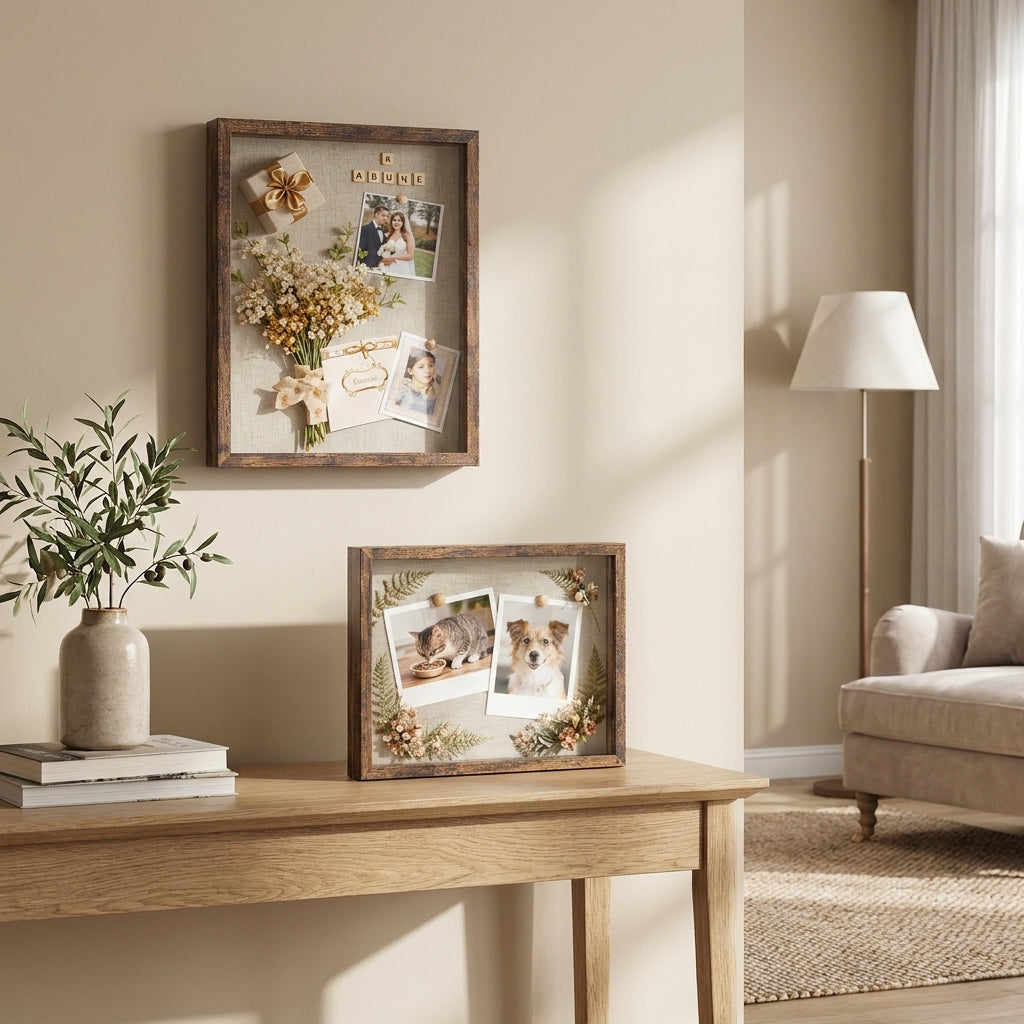 LEDREM Shadow Box Frame 1.5-Inch Deep Display Case with Top Slot and Glass Front 11 x 14 Inches Rustic Brown