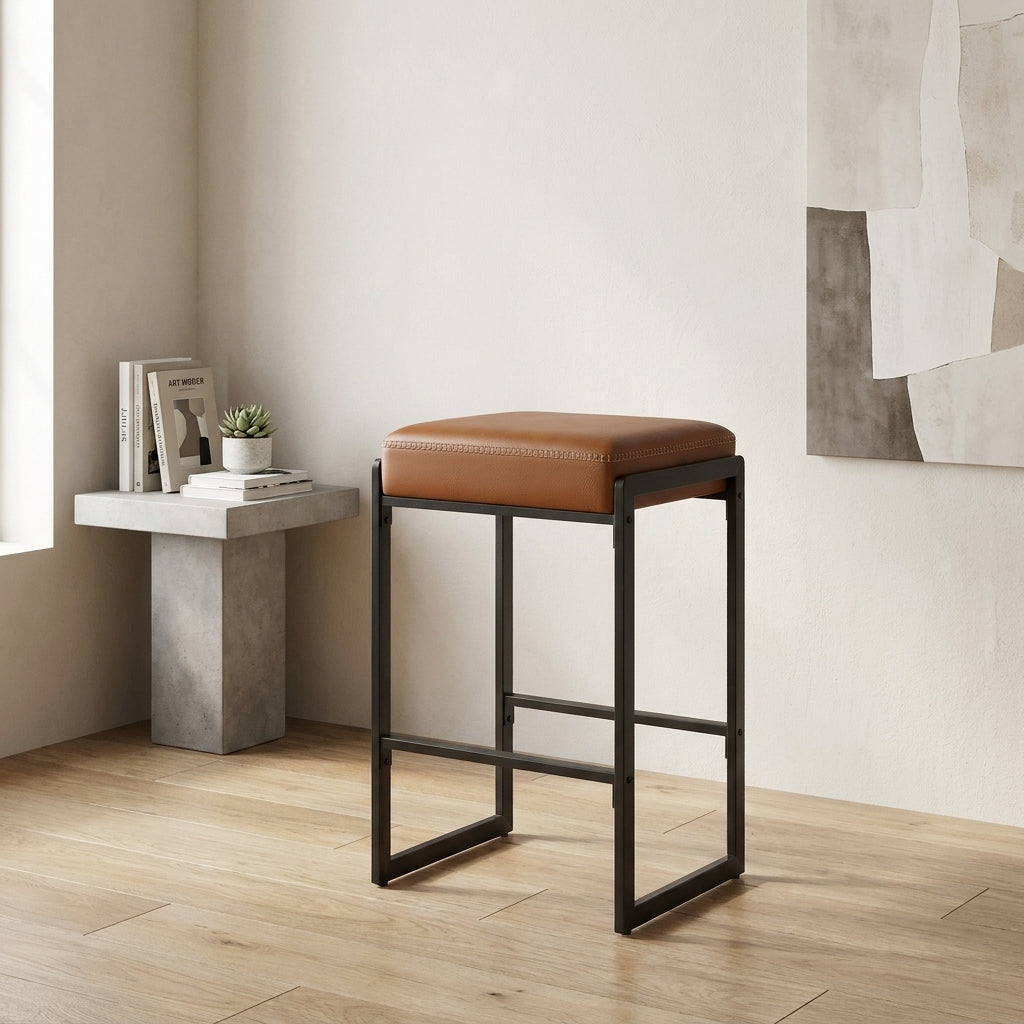 LEDREM Kitchen Counter Stools, Bar Stools Set of 1, PU Leather with Stitching, Transitional, 26-Inch Tall, Home Bar Dining Room, Tan