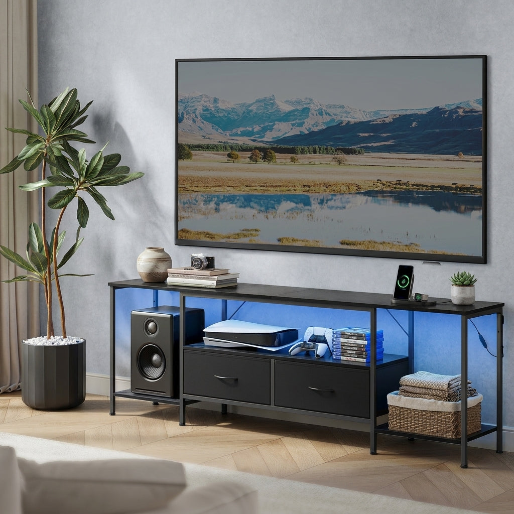 LEDREM TV Stand with Power Outlets & LED Lights for TVs Up to 70 Inches, 3 Shelves & 2 Drawers, Steel Frame, Anti-Tip, Ink Black