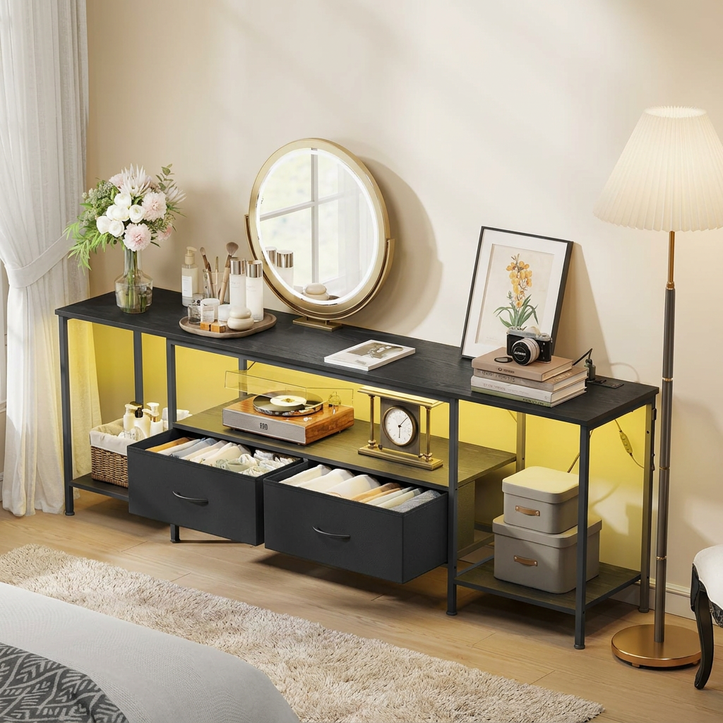 LEDREM TV Stand with Power Outlets & LED Lights for TVs Up to 70 Inches, 3 Shelves & 2 Drawers, Steel Frame, Anti-Tip, Ink Black