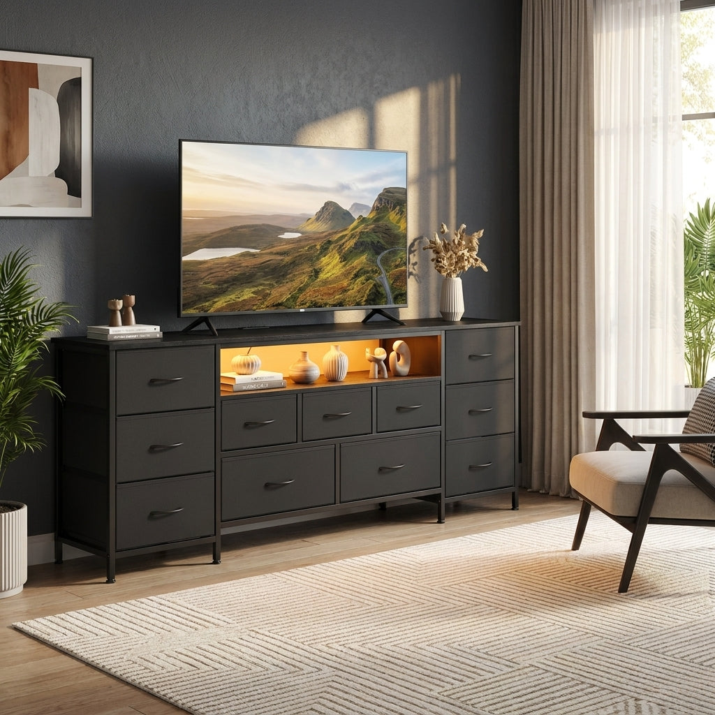 LEDREM TV Stand with LED Lights and Power Outlets, Media Console with 11 Fabric Drawers for TVs up to 70 Inches, Black