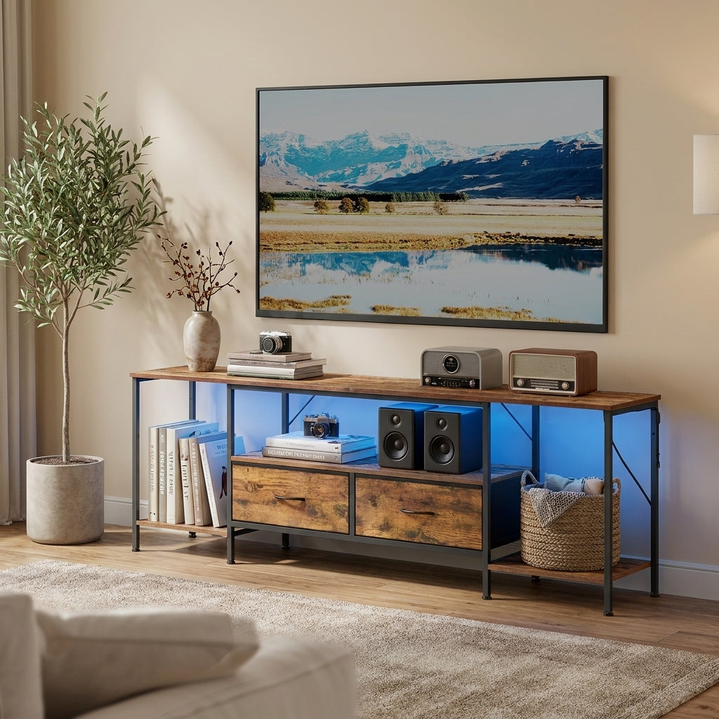 LEDREM TV Stand with Power Outlets & LED Lights for TVs Up to 70 Inches, 3 Shelves & 2 Drawers, Steel Frame, Anti-Tip, Rustic Brown