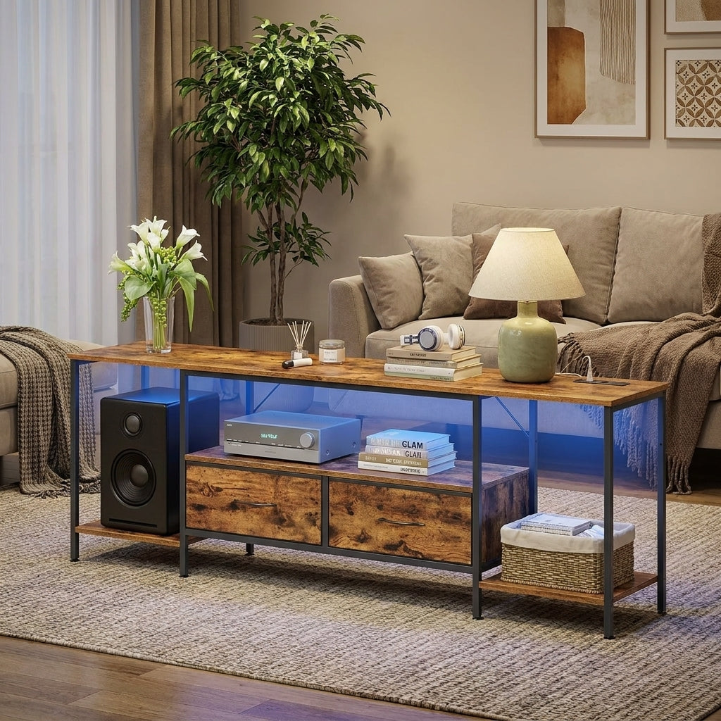 LEDREM TV Stand with Power Outlets & LED Lights for TVs Up to 70 Inches, 3 Shelves & 2 Drawers, Steel Frame, Anti-Tip, Rustic Brown
