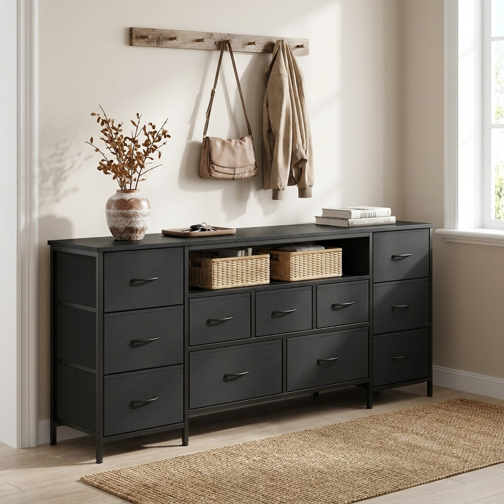 LEDREM TV Stand with LED Lights and Power Outlets, Media Console with 11 Fabric Drawers for TVs up to 70 Inches, Black