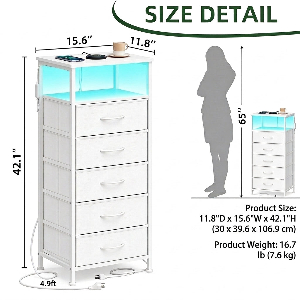 LEDREM Bedroom Bedside Table with LED Lights and Charging Station, Nightstand with 5 Drawers and 1 Shelf, White
