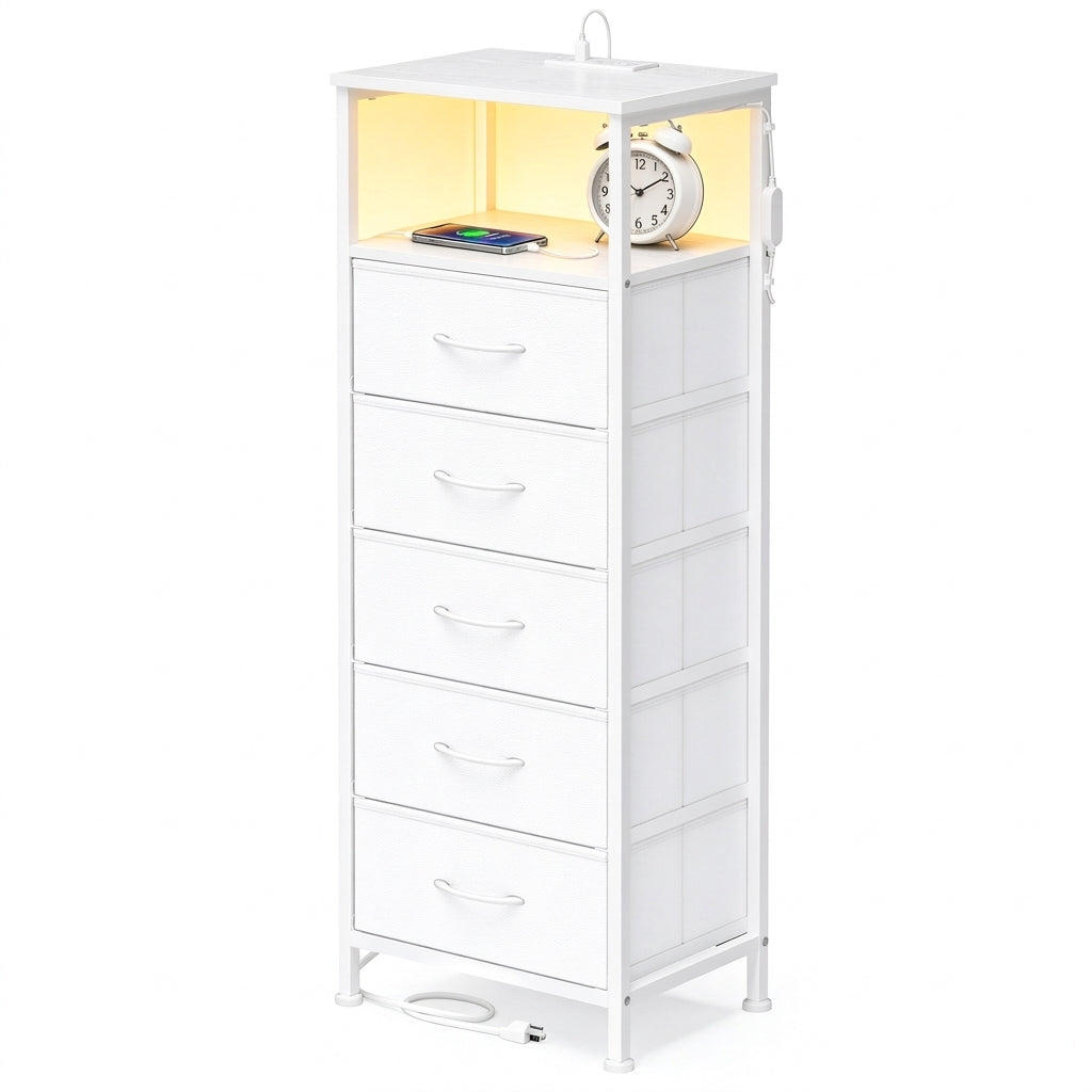 LEDREM Bedroom Bedside Table with LED Lights and Charging Station, Nightstand with 5 Drawers and 1 Shelf, White
